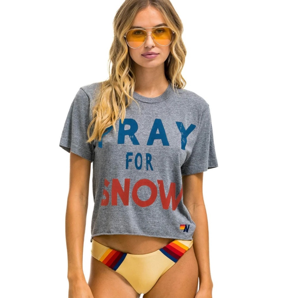 Aviator Nation Gray 'Pray For Snow' Short Sleeve Tee with Blue & Red Lettering